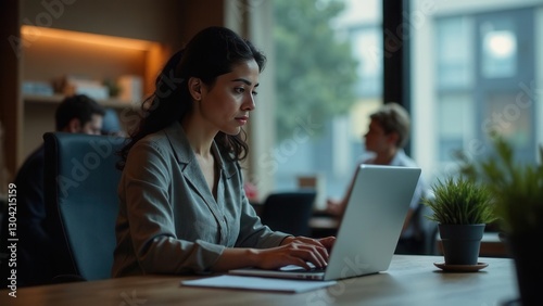 A young Latin Hispanic female IT specialist, in her 30s, works on a laptop at a desk in a modern office space. Perfect for technology, business, and professional work themes.