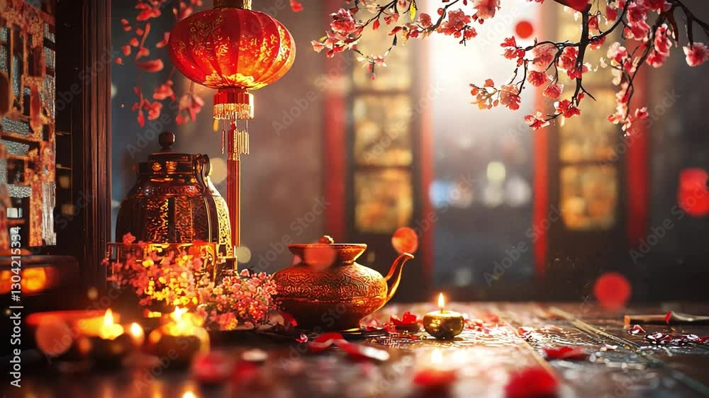 🏮Lunar New Year Ambiance: A captivating tableau of traditional decorations, including lanterns and blossoms, evokes a feeling of festive harmony and cultural richness, illuminated by warm light.