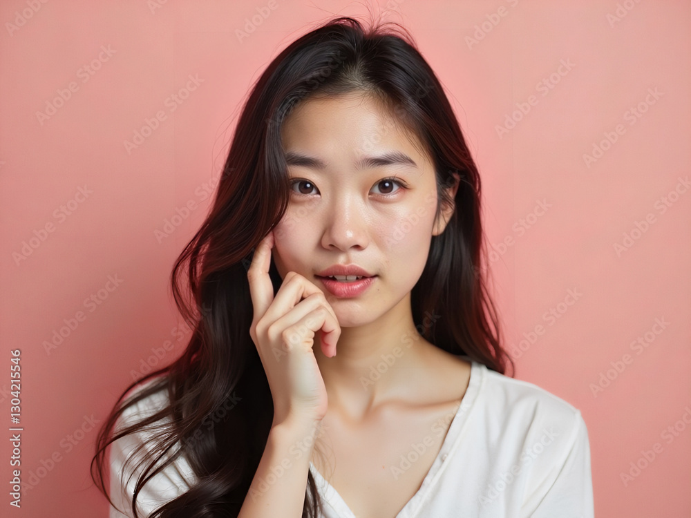 Captivating Portrait of a Young Woman Against a Soft Pink Background Captivating Portrait of a Young Woman Against a Soft Pink Background