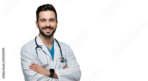 Smiling doctor in white coat with stethoscope, suitable for medical websites, healthcare promotions, and medical literature covers.
