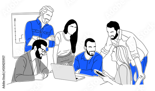 Business team members working together. Set of businessmen and businesswomen cartoon characters discussing, brainstorming. Vector simple outline hand drawn illustration Isolated
