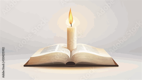 A digital illustration depicting a single, white candle with a bright yellow flame positioned centrally atop an open book. The book is shown with aged, cream-colored pages and a dark brown