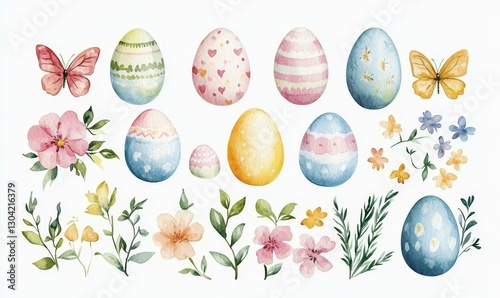 Fototapeta Naklejka Na Ścianę i Meble -  Watercolor Easter Eggs and Floral Decorations