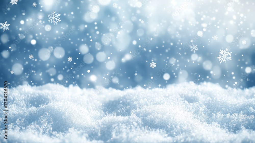 Fototapeta premium Glistening snowflakes falling on pristine snowy landscape in winter wonderland