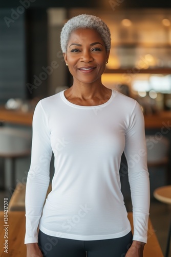 Portrait of a smiling African American mature woman dressed in a white tight fitting long sleeved shirt. She is standing in a stylish, softly lit contemporary room. The background is blurred