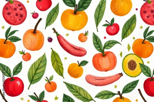 Cute Watercolor Fruit and Vegetable Pattern Design