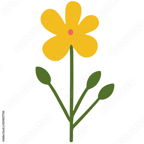 Minimalist vector illustration of a simple yellow flower with a small orange center and green leaves. 
