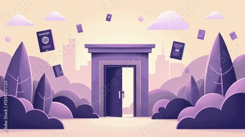 Wallpaper Mural A stock illustration representing Climate action in Purple and soft beige, with Bold typography, Open doors, and passports. Visual hierarchy and texture overlays enhance spatial depth. Torontodigital.ca