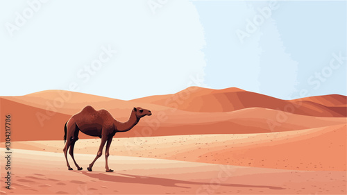 The image depicts a single dromedary camel standing in a vast desert landscape. The camel is positioned slightly off-center, facing right. The color palette is dominated by warm tones of