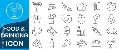 Food and Drink Line  Icons set. Vector illustration in thin line style of nutrition related icons: vegetables, fruits, desserts, meat, baked goods, drinks, and more.  Food and drinks black icons. 