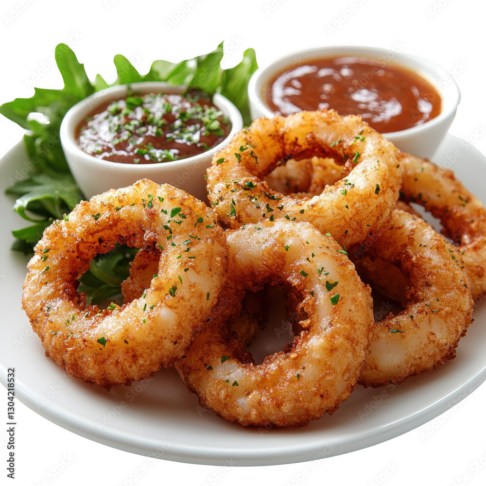 Fried calamari ring with sauce isolated on white background.PNG