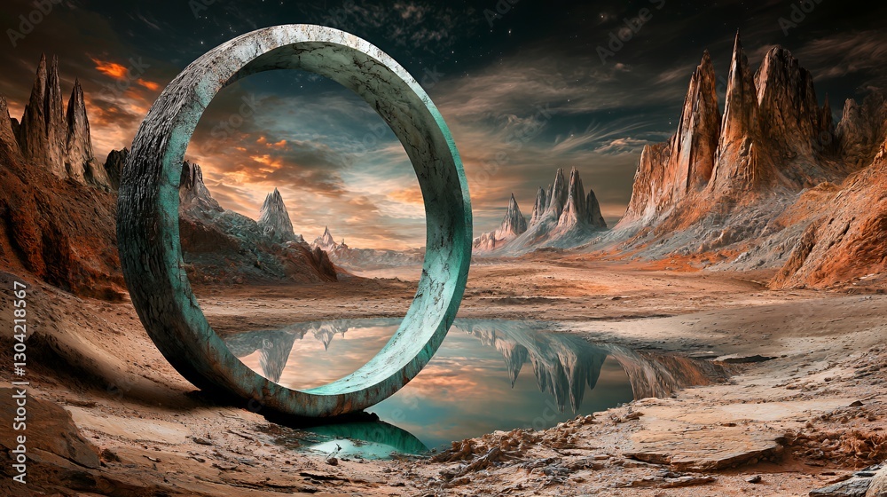 Fototapeta premium Surreal Desert Landscape with Teal Stone Ring and Dramatic Sunset