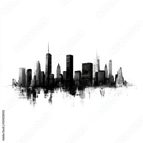Urban Inkscape: A Monochromatic Skyline Depiction with Reflected Silhouettes and Textured Cityscape Elements
