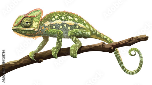 Close-up view of a green chameleon perched on a dark brown branch. The chameleon is predominantly green with light yellowish-green and white markings. Its skin exhibits a textured, scaly