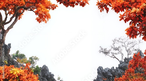 Autumnal Tree Branches Frame with White Background