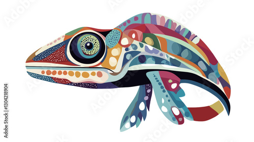 A stylized illustration of a chameleon. The artwork is rendered in a vibrant, abstract style, featuring a multicolored palette and bold, geometric patterns. The chameleon's body is composed