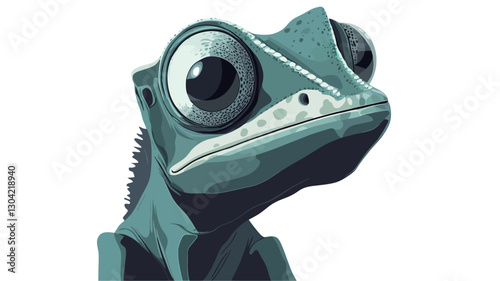 Close-up vector illustration of a cartoon chameleon. The chameleon is depicted in shades of teal and blue-green, with exaggeratedly large, expressive eyes.  The style is cartoonish and