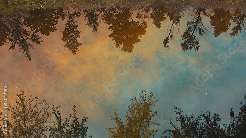 Autumnal Tree Reflections in a Colorful Sunset Sky