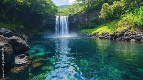 Majestic waterfall cascading into clear pool tropical forest nature photography scenic view serenity