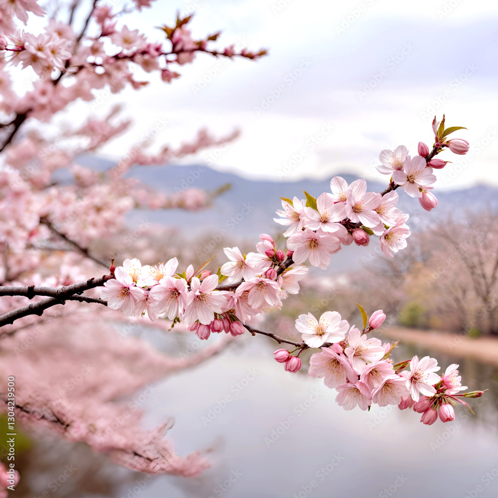 Obraz premium spring landscape featuring cherry blossoms in full bloom.