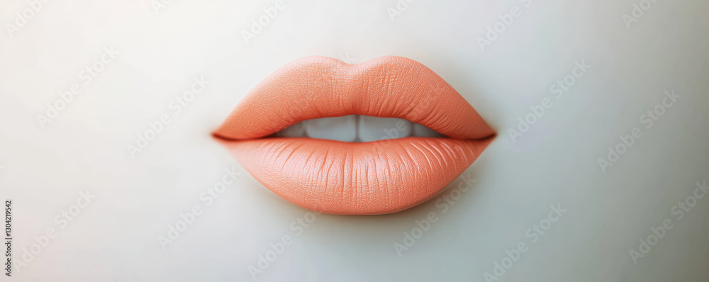 Obraz premium Beautiful lips with soft peach lipstick, glowing softly against neutral background, showcasing smooth and elegant appearance