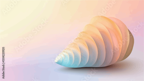A digitally rendered image depicting an abstract seashell-like form. The object is rendered in pastel colors, primarily pale blues, pinks, and yellows, transitioning smoothly from one to