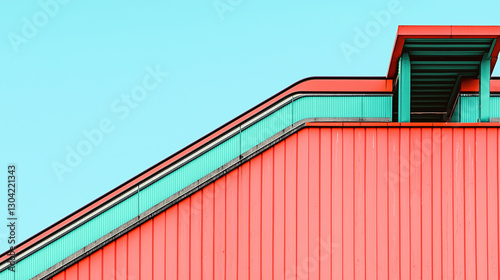 Modern Colorful Architecture with Red and Teal Geometric Lines against Blue Sky