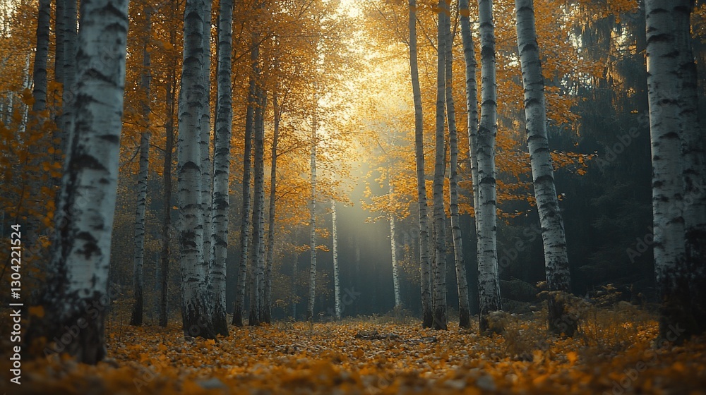 Fototapeta premium Golden Birch Forest Path, Autumn Sunlight, Misty Background, Nature Wallpaper