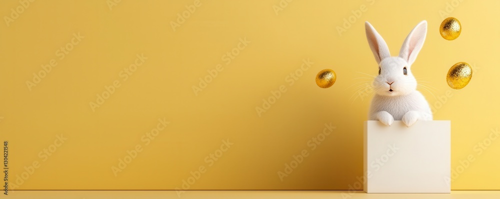 Obraz premium A cute white rabbit sits atop a box with golden Easter eggs against a bright yellow background, creating a festive and cheerful atmosphere.