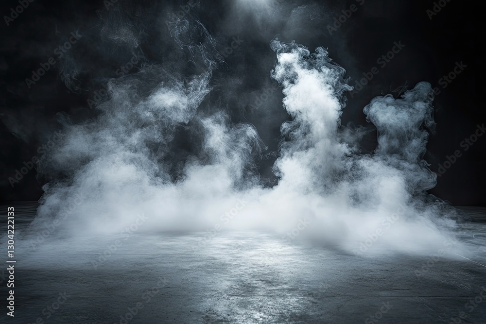 Fototapeta premium Smoky, dark studio backdrop with illuminated concrete floor