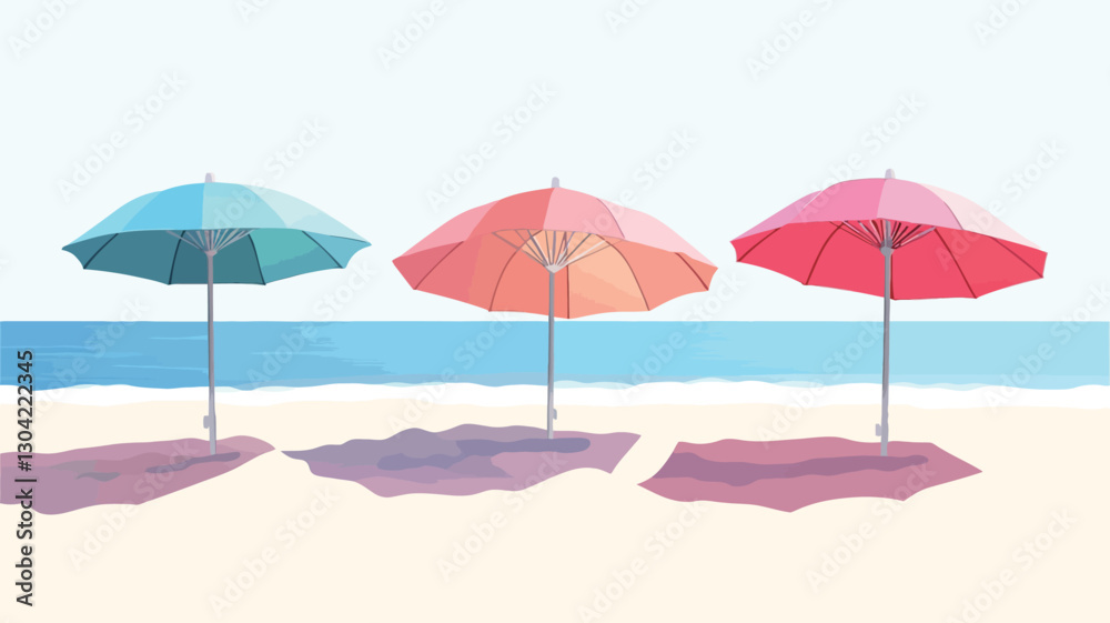 The image shows three beach umbrellas of varying pastel colors (light blue/teal, coral/orange, and light pink) standing in a row on a sandy beach. The umbrellas are positioned close The image shows three beach umbrellas of varying pastel colors (light blue/teal, coral/orange, and light pink) standing in a row on a sandy beach. The umbrellas are positioned close