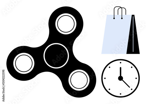 Fidget spinner, clock showing time, and shopping bag symbolizing relaxation, stress relief, and time management. Ideal for productivity, efficiency, leisure, mindfulness decision-making