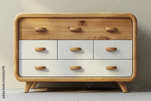 Modern white and gray multi-drawer storage cabinet with light wood top, featuring eight drawers and a sleek white frame, isolated on a plain background.