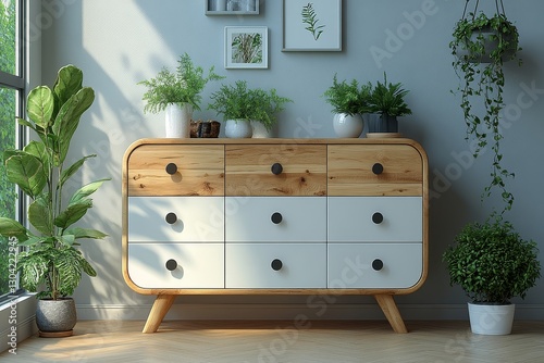 Modern white and gray multi-drawer storage cabinet with light wood top, featuring eight drawers and a sleek white frame, isolated on a plain background.