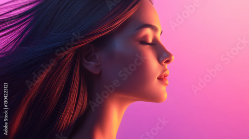 stunning brunette with flowing straight hair poses gracefully against vibrant pink and purple background, exuding serene and dreamy expression