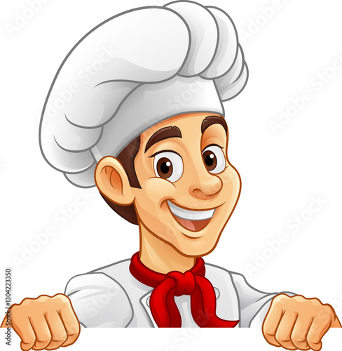 A chef or baker cartoon cook food man mascot character peeking around a sign or menu with copy space illustration