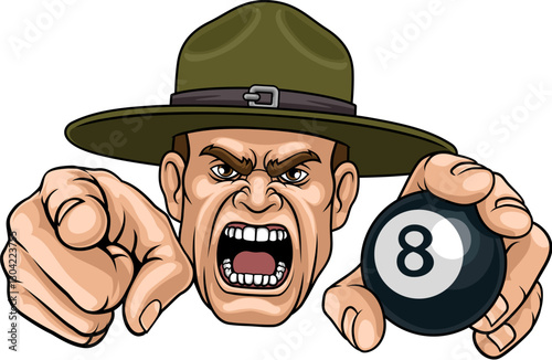 An angry drill instructor or sergeant bootcamp army soldier cartoon character holding billiards pool 8 ball and pointing sports team mascot illustration.