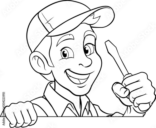 An electrician handyman or other construction cartoon mascot man holding a screwdriver tool.