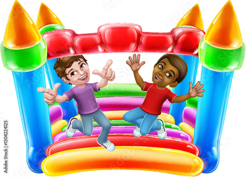 Children jumping and bouncing on a kids bouncy inflatable castle house