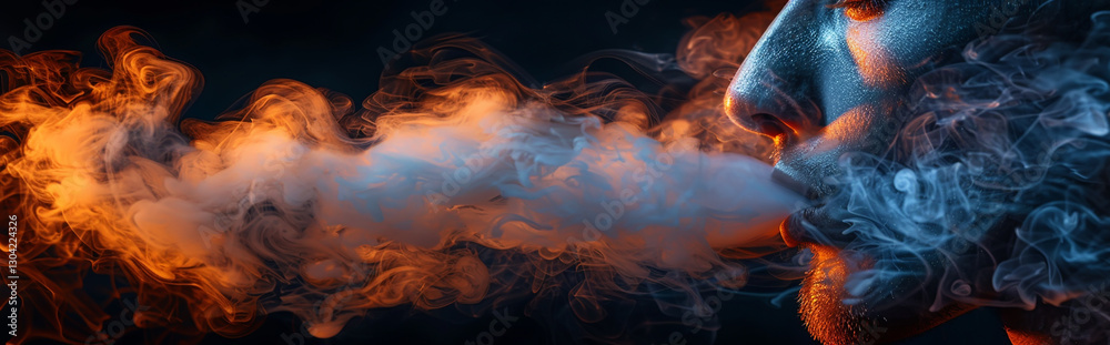 Fototapeta premium Close-up of Man Exhaling Colorful Smoke in Dark Atmosphere with Vibrant Lighting Effects