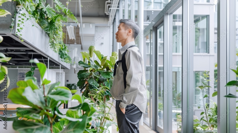 Contemplative young man among indoor plants modern office lifestyle shot bright environment side view serenity Contemplative young man among indoor plants modern office lifestyle shot bright environment side view serenity