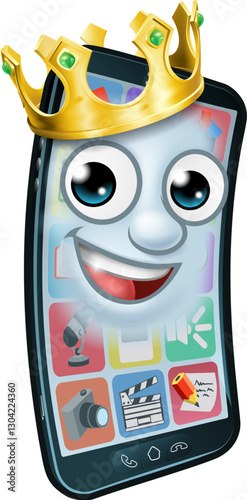 A mobile phone cartoon character mascot wearing a gold king crown