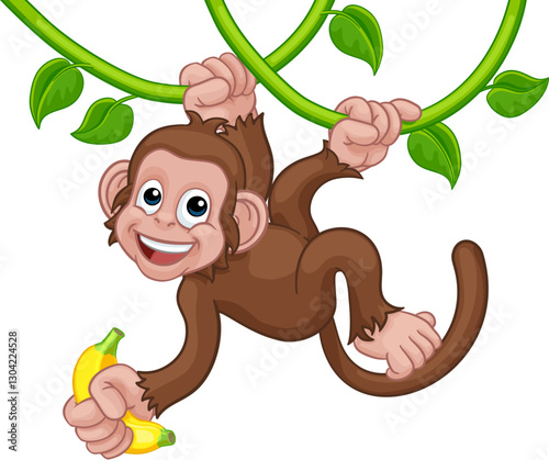 A monkey cartoon character singing on jungle vines with banana