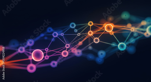 A colorful network of interconnected nodes forms an abstract design element.