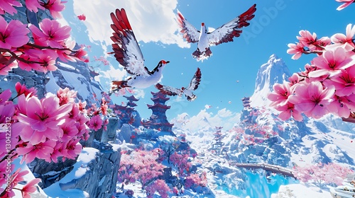Birds Flying Amidst Pink Cherry Blossoms and Snowy Mountains