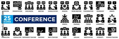 Conference icon collection set. Containing interview, meeting, workshop, discussion, teaching, speech, training icon. Simple solid vector illustration.