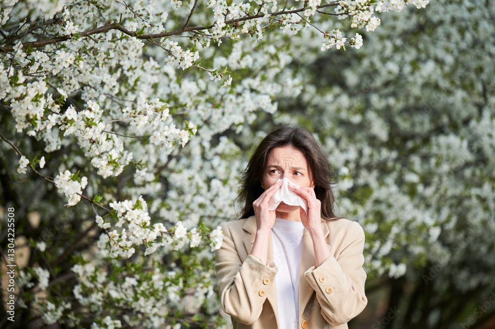 Woman allergic suffering from seasonal allergy at spring in blossoming garden at springtime. Young woman sneezing and blowing nose with nasal handkerchief in front of blooming tree. Allergy concept. Woman allergic suffering from seasonal allergy at spring in blossoming garden at springtime. Young woman sneezing and blowing nose with nasal handkerchief in front of blooming tree. Allergy concept.