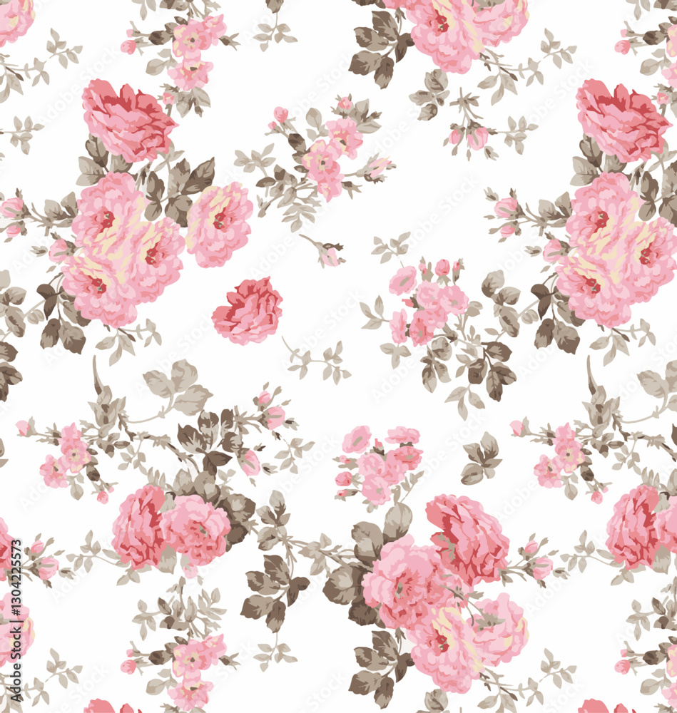 Seamless vector pattern with floral motif hand painted pink botanical flower with small flower arrangements. vintage watercolor flower arrangements repeating print for fabric, wallpaper, fashion
