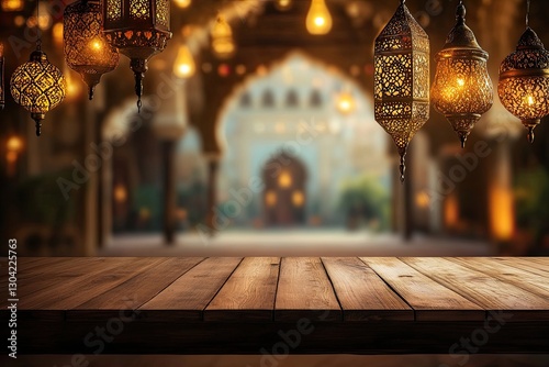 Wooden table with lanterns in a blurred mosque background photo