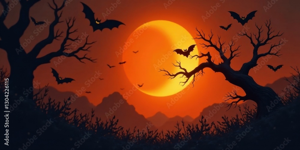 A Spooky Silhouette of Twisted Trees Underneath a Crimson Harvest Moon with Bats Flying A Spooky Silhouette of Twisted Trees Underneath a Crimson Harvest Moon with Bats Flying